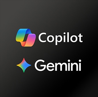 LG Micro RGB evo AI MRGB95 con webOS Multi AI galardonado se presenta sobre un fondo oscuro con los logotipos de Microsoft Copilot y Google Gemini, indicando compatibilidad con servicios relacionados con AI accesibles a través de la interfaz del televisor.