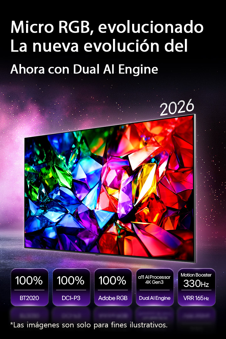 LG Micro RGB evo AI MRGB95, la nueva evolución del color, muestra una imagen de color cristalino vívido con facetas definidas de rojo, verde y azul. Destaca por su cobertura de color del 100% de BT2020, DCI-P3 y Adobe RGB, el procesador alpha 11 AI Processor 4K Gen3 Dual Engine y Motion Booster 330Hz con VRR 165Hz.