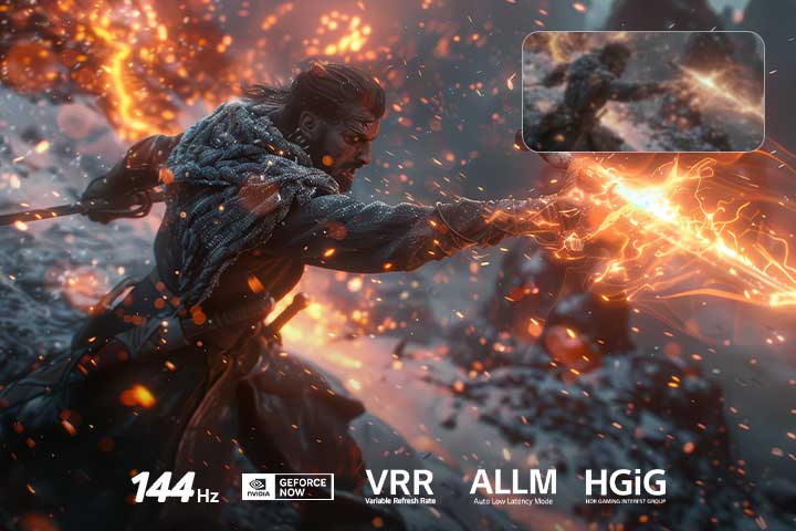 LG NANO 4K UHD AI NU85 para Ultimate Gameplay muestra una intensa escena de acción con combate de espadas y un recuadro comparativo que destaca un movimiento más fluido, con soporte para 144Hz, VRR,  AMD FreeSync, ALLM, HGiG y GeForce NOW.