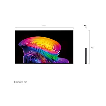 LG OLED evo AI C6 shown in front and side views highlights a 55-inch display with a 1222 mm-wide screen, an overall height of 703 mm, and an ultra-slim 45.1 mm depth without a stand.