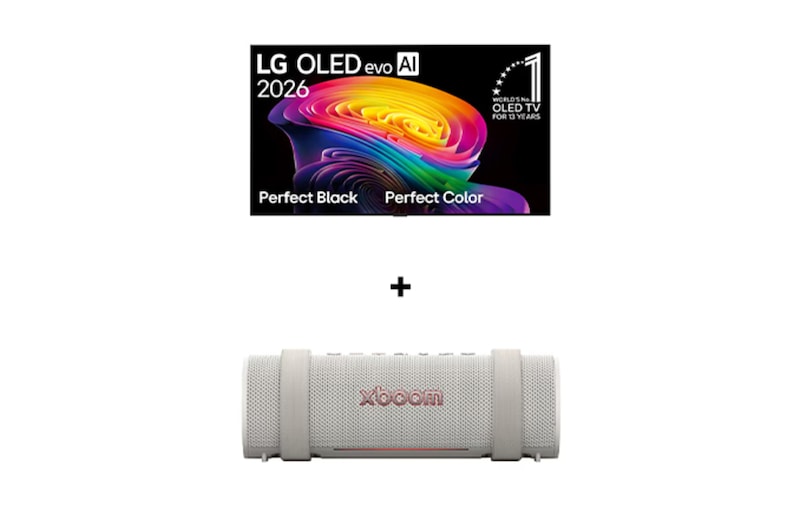 Vista frontal de 65" LG OLED evo AI C6 4K Smart TV 2026 + LG xboom Grab by will.i.am | Parlantes Bluetooth | Sonido xboom con la máxima portabilidad OL65C6GRAB
