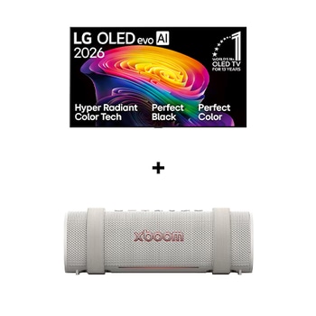 Vista frontal de 77" LG OLED evo AI C6 4K Smart TV 2026 + LG xboom Grab by will.i.am | Parlantes Bluetooth | Sonido xboom con la máxima portabilidad OL77C6GRAB