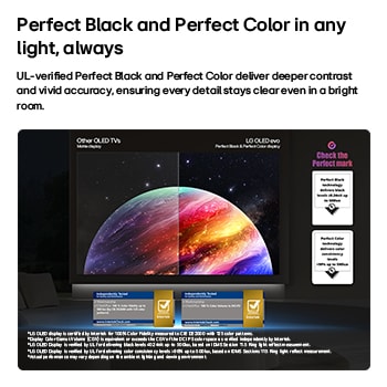 LG OLED evo AI C6 shows a split-screen planet-and-stars scene, comparing an anti-glare matte display with its Perfect Black & Perfect Color display for clearer picture quality in any light, supported by UL certification and Intertek certifications for color volume and color fidelity.