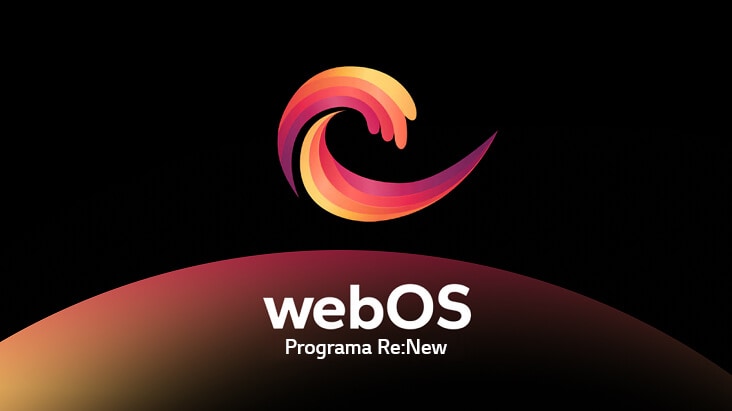 El logo del webOS Re:New Program se muestra sobre un fondo oscuro.