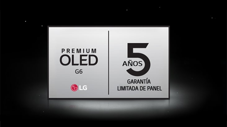 El logo de Garantía Limitada de Panel por 5 Años para el Premium OLED G6 se muestra sobre un fondo oscuro.