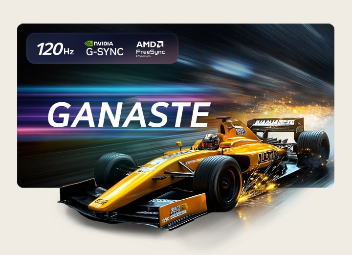 El LG OLED evo AI G6 para Gaming Inigualable en 4K 120Hz muestra un videojuego de carreras de alta velocidad con un auto monoplaza amarillo en movimiento, el texto "WIN" en pantalla y los logos de NVIDIA G-SYNC y AMD FreeSync Premium en la parte superior.