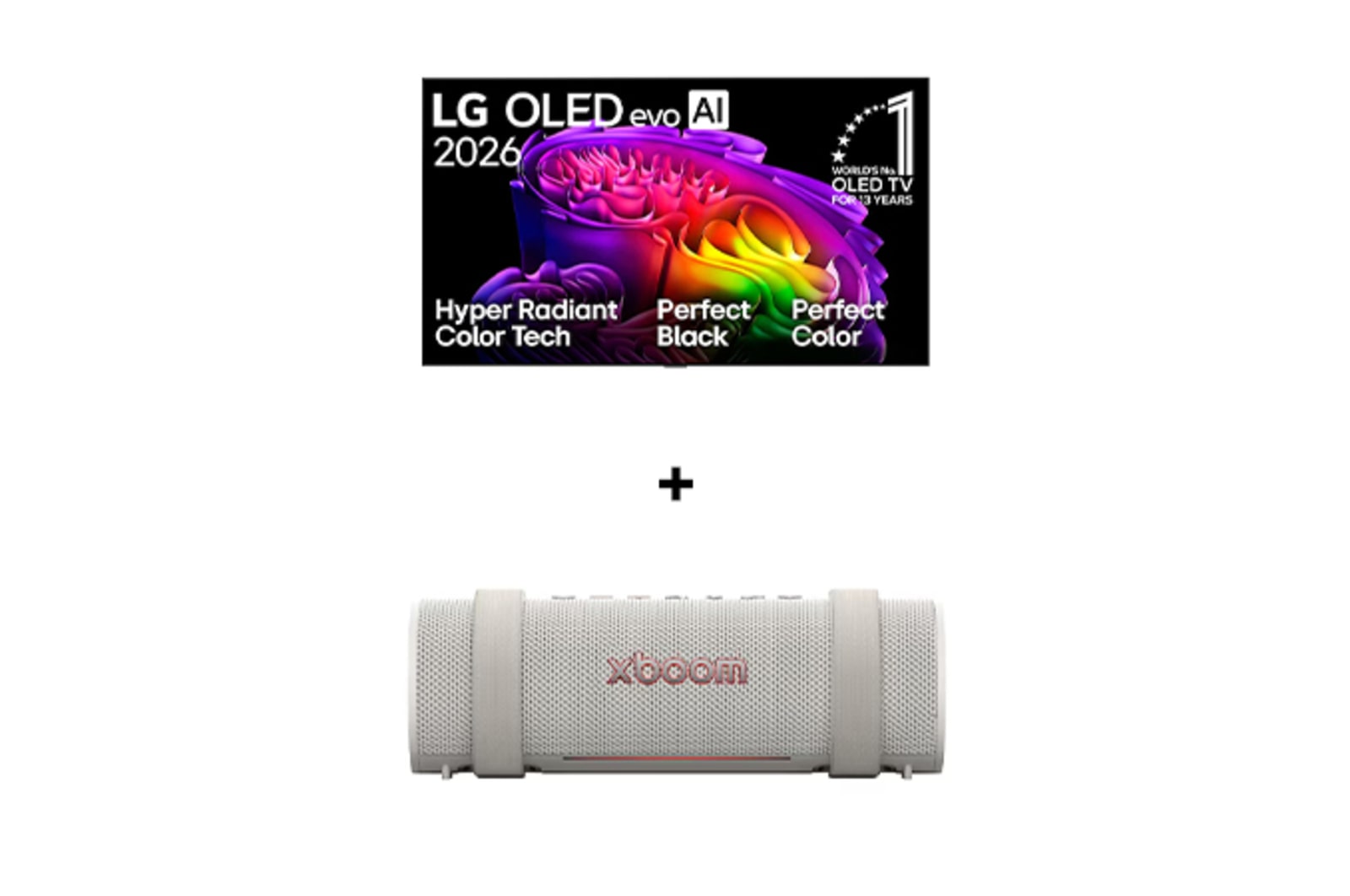 Vista frontal de 55" LG OLED evo AI 4K Smart TV 2026 + LG xboom Grab by will.i.am | Parlantes Bluetooth | Sonido xboom con la máxima portabilidad OL55G6GRAB