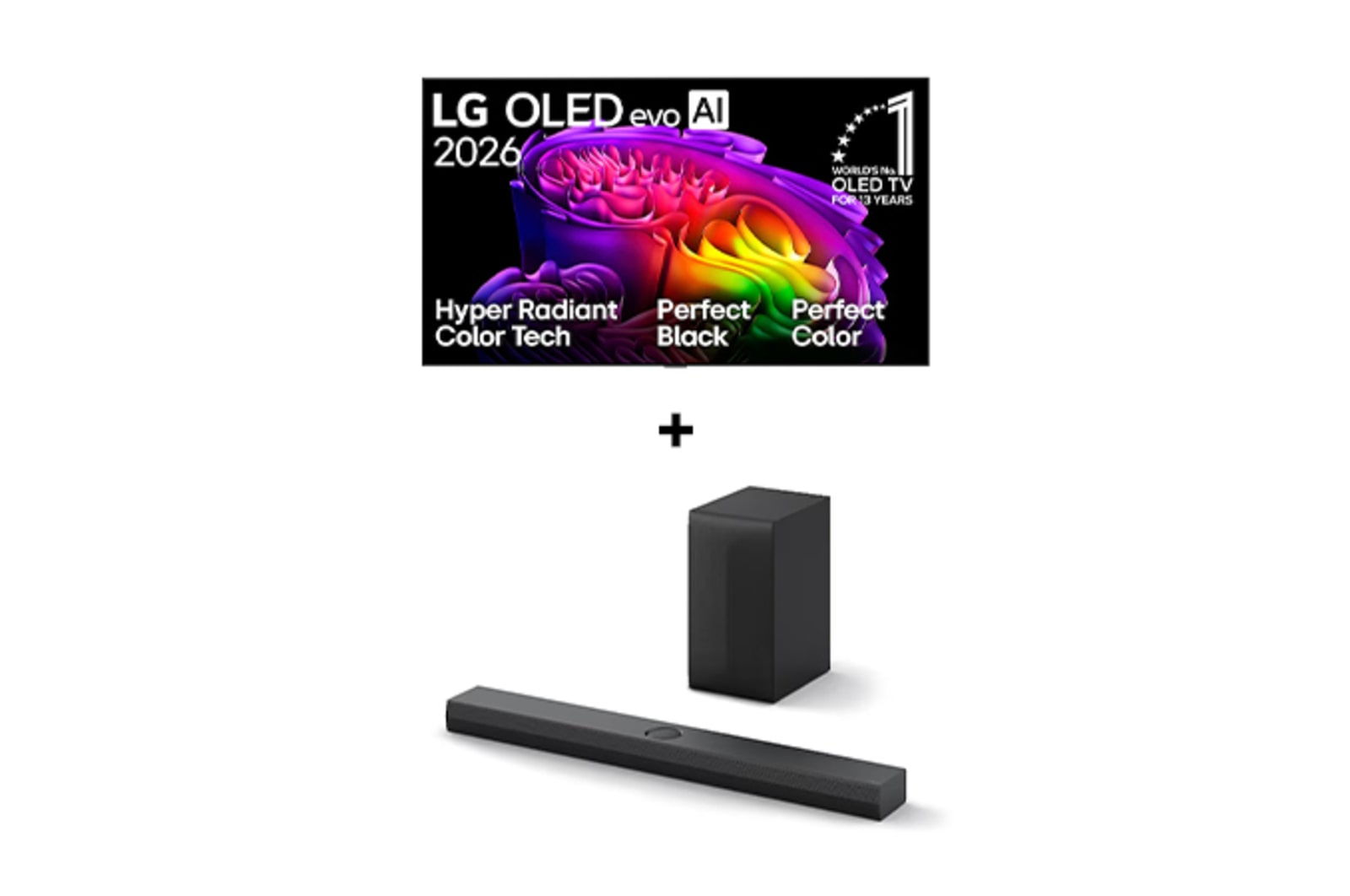 Vista frontal de 65" LG OLED evo AI G6 4K Smart TV 2026 + Barra de Sonido LG S70TY | 400W | 3.1.1 ch | Dolby Atmos OL65G6S70T