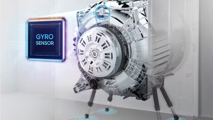 Internal view of a commercial washer motor with gyro sensor technology for vibration balance	