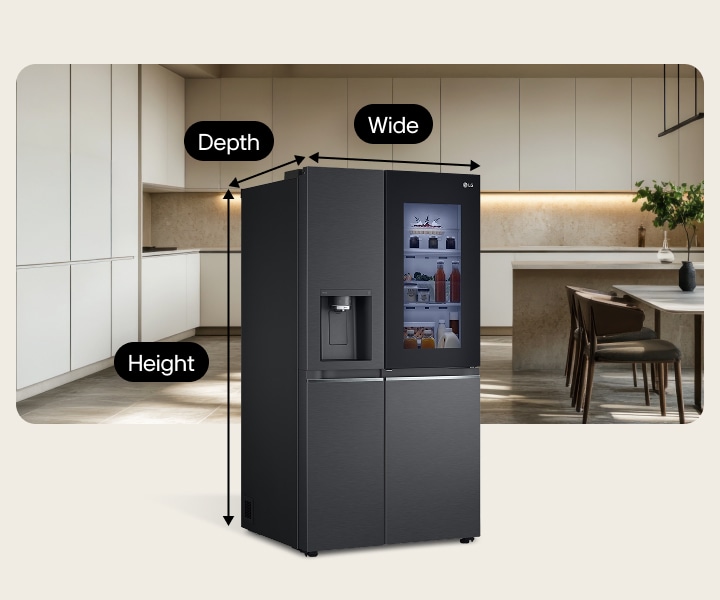 LG refrigerator in a modern kitchen with height, width, and depth labels	