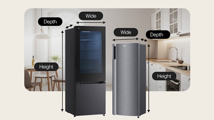 LG 1-door refrigerator with height, width, and depth labels
