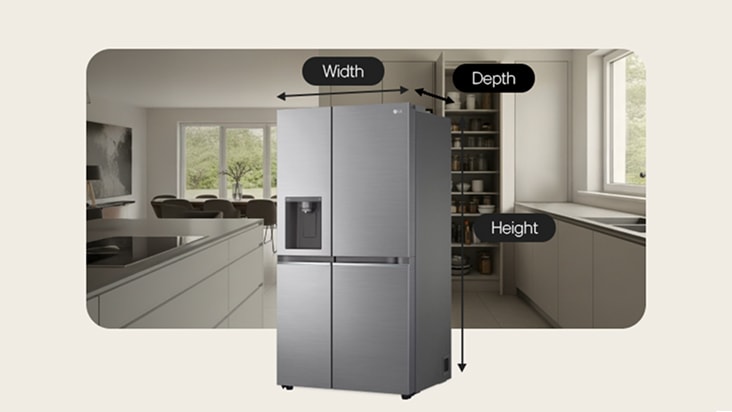 LG 2-door refrigerator with height, width, and depth labels