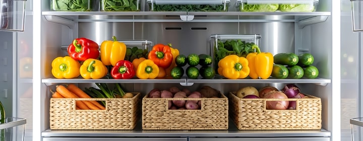 Organized refrigerator shelves with vegetables and woven baskets, showing a clean and efficient way to store fresh food.	