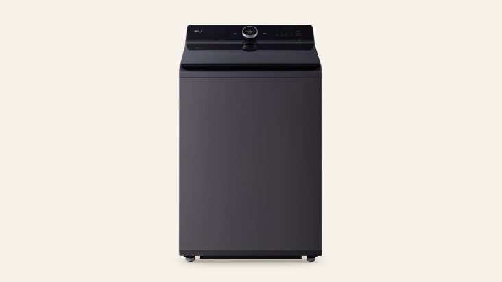 LG black top-load washing machine with a rectangular lid and top control panel	