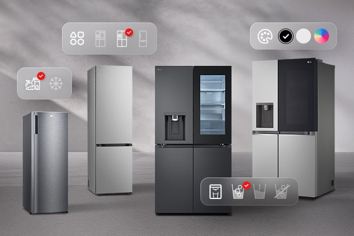 LG laundry lineup with icons for color, capacity, and energy. White washing machine, black dryer, and green-beige WashTower