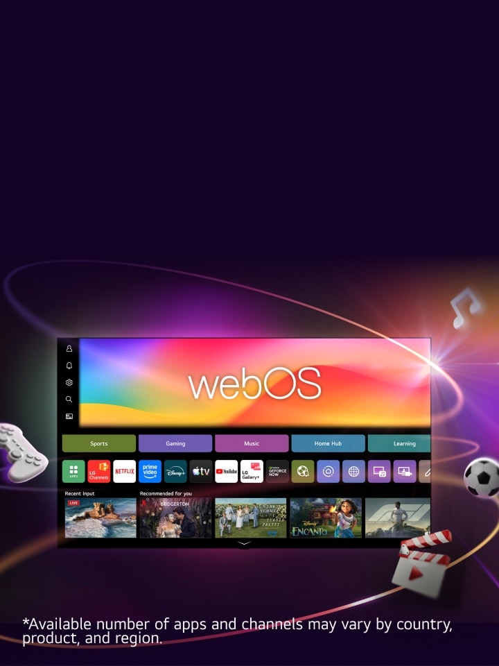 LG Smart TV displaying webOS home screen with entertainment apps and LG Channels UI elements dynamically expanding outward, highlighting 4,000+ global apps and channels.	