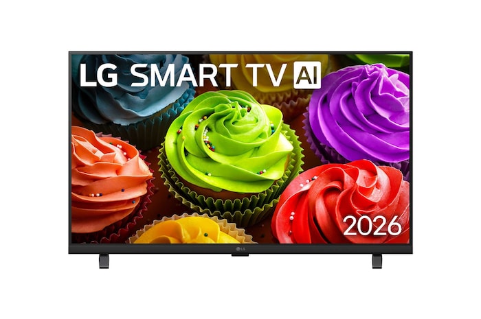 The front view of the LG SMART TV AI LB65 FHD TV, released in 2026, fills the screen with a close-up of colorful cupcakes, highlighting smooth frosting, varied colors, and clear surface detail across the display.