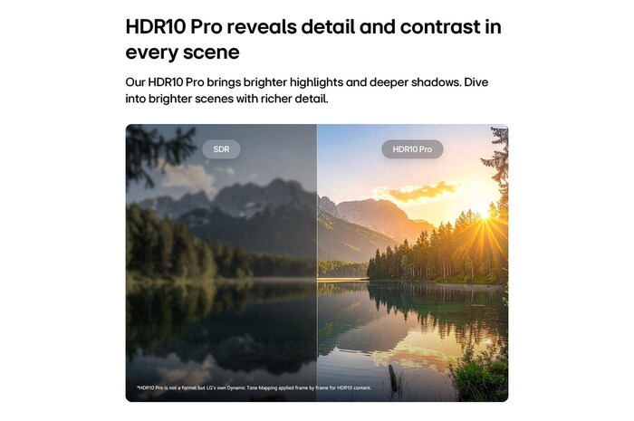 LG SMART TV AI LB65 FHD TV highlights HDR10 Pro through a split scenic lake-and-mountain image, comparing SDR with HDR10 Pro to reveal brighter highlights, deeper shadows, and more refined contrast.