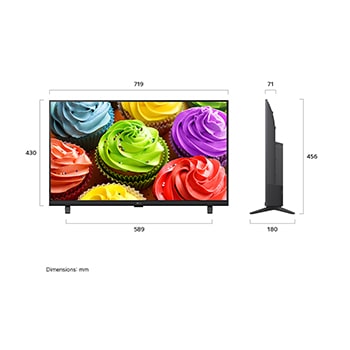 LG SMART TV AI LB65 FHD TV shown in front and side views highlights a 32-inch display with a 719 mm-wide screen, 430 mm screen height, 456 mm height with stand, a 71 mm profile depth, and a stand footprint measuring 589 by 180 mm.