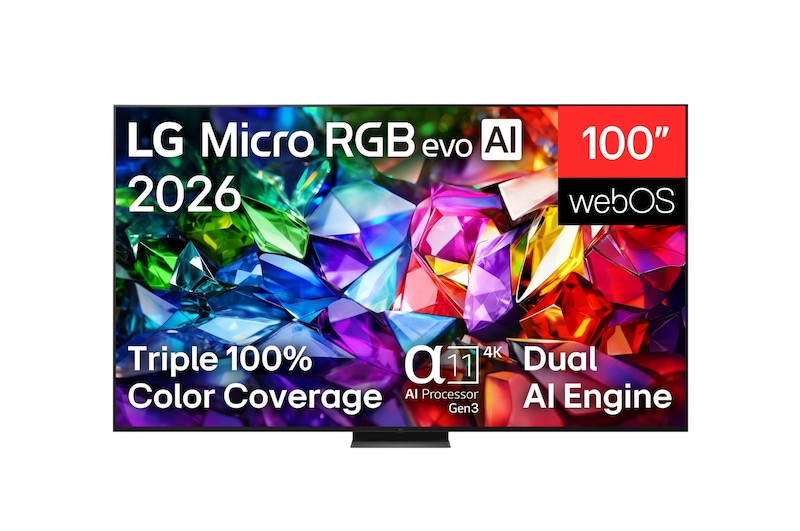 The front view of LG Micro RGB evo AI MRGB96, released in 2026, displays a vivid, crystalline image of sharply defined red, green, and blue facets, featuring 100-inch display, webOS, RGB Primary Color Ultra, and the alpha 11 AI Processor 4K Gen3 and a Dual AI Engine.