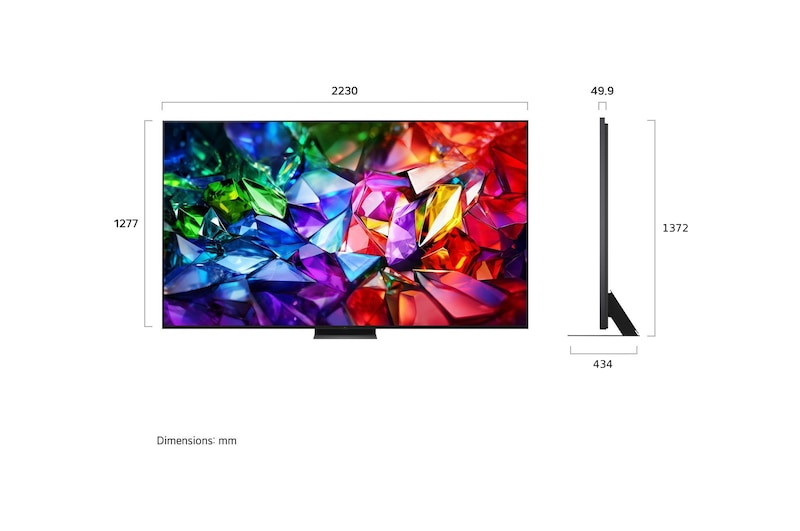 LG Micro RGB evo AI MRGB96 shown in front and side views highlights a 100-inch display with a 2230 mm-wide screen, 1277 mm screen height, 1374 mm height with stand, a 49.9 mm depth, and a stand footprint measuring 1725 by 415 mm.