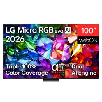 The front view of LG Micro RGB evo AI MRGB96, released in 2026, displays a vivid, crystalline image of sharply defined red, green, and blue facets, featuring 100-inch display, webOS, RGB Primary Color Ultra, and the alpha 11 AI Processor 4K Gen3 and a Dual AI Engine.