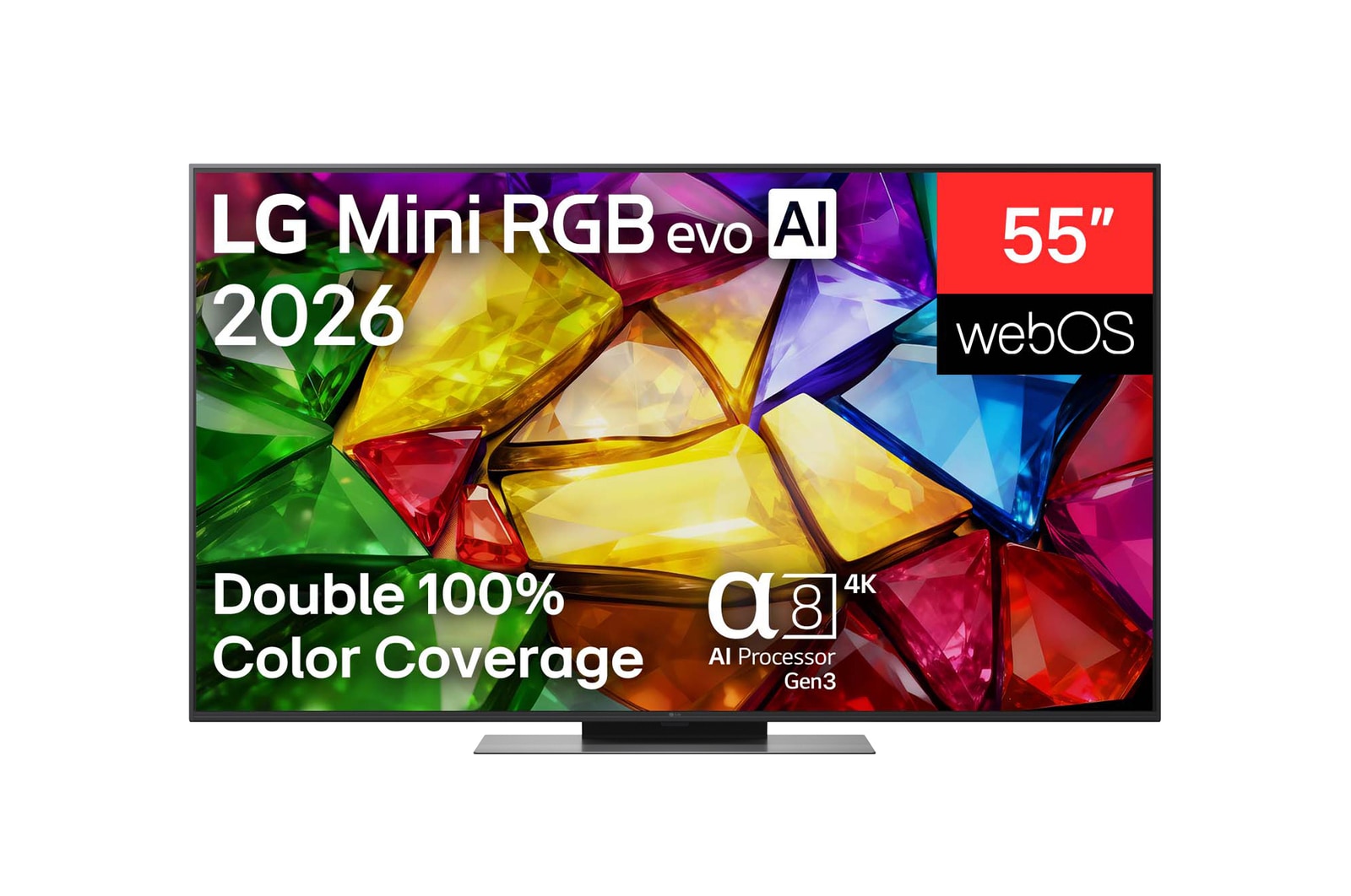 The front view of LG Mini RGB evo AI MRGB85, released in 2026, displays a crystalline image of sharply defined multicolored facets, featuring an 75-inch display, webOS, RGB Primary Color Pro, and the alpha 8 AI Processor 4K Gen3.