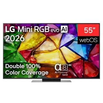 The front view of LG Mini RGB evo AI MRGB85, released in 2026, displays a crystalline image of sharply defined multicolored facets, featuring an 75-inch display, webOS, RGB Primary Color Pro, and the alpha 8 AI Processor 4K Gen3.