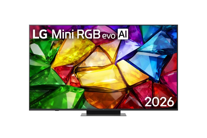 The front view of LG Mini RGB evo AI MRGB85, released in 2026, features a slim black bezel with short feet, while a vivid, crystalline image of sharply defined multicolored facets fills the screen.