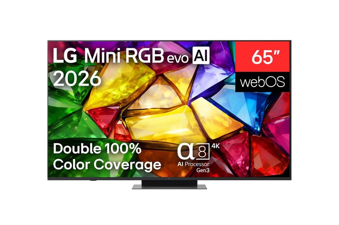 The front view of LG Mini RGB evo AI MRGB85, released in 2026, displays a crystalline image of sharply defined multicolored facets, featuring an 75-inch display, webOS, RGB Primary Color Pro, and the alpha 8 AI Processor 4K Gen3.