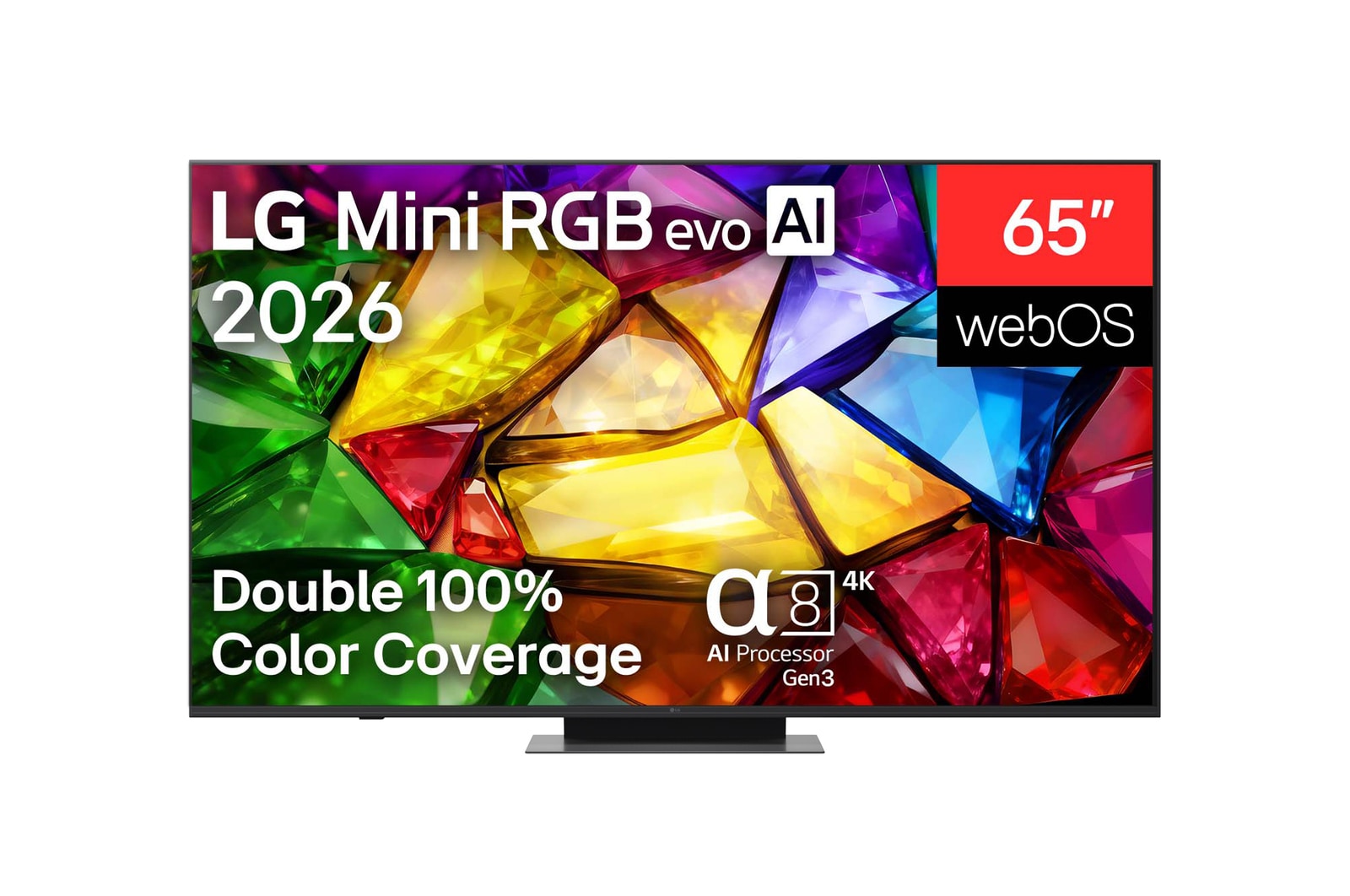 The front view of LG Mini RGB evo AI MRGB85, released in 2026, displays a crystalline image of sharply defined multicolored facets, featuring an 75-inch display, webOS, RGB Primary Color Pro, and the alpha 8 AI Processor 4K Gen3.