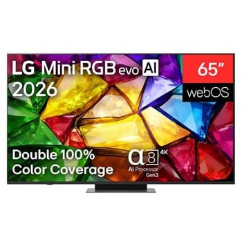 The front view of LG Mini RGB evo AI MRGB85, released in 2026, displays a crystalline image of sharply defined multicolored facets, featuring an 75-inch display, webOS, RGB Primary Color Pro, and the alpha 8 AI Processor 4K Gen3.