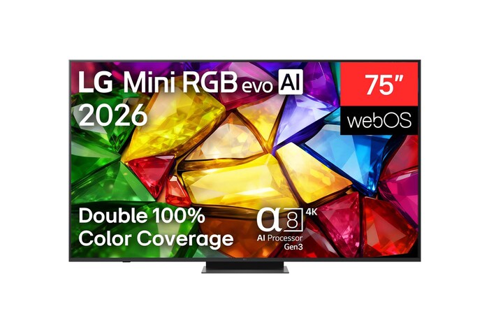 The front view of LG Mini RGB evo AI MRGB85, released in 2026, displays a crystalline image of sharply defined multicolored facets, featuring an 75-inch display, webOS, RGB Primary Color Pro, and the alpha 8 AI Processor 4K Gen3.
