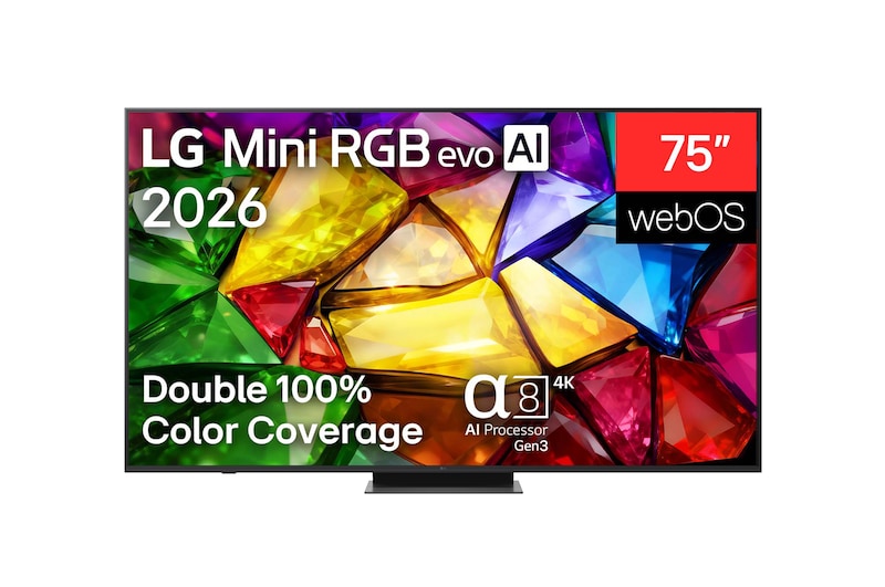 The front view of LG Mini RGB evo AI MRGB85, released in 2026, displays a crystalline image of sharply defined multicolored facets, featuring an 75-inch display, webOS, RGB Primary Color Pro, and the alpha 8 AI Processor 4K Gen3.
