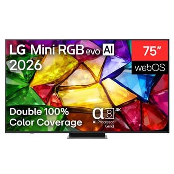 The front view of LG Mini RGB evo AI MRGB85, released in 2026, displays a crystalline image of sharply defined multicolored facets, featuring an 75-inch display, webOS, RGB Primary Color Pro, and the alpha 8 AI Processor 4K Gen3.