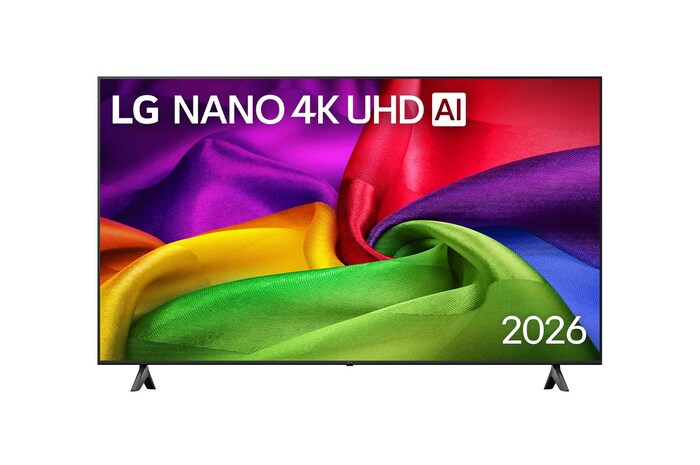 The front view of LG NANO 4K UHD AI NU80, released in 2026, fills the screen with richly textured, fabric-like color layers, where vibrant multicolored folds intertwine smoothly across the display.