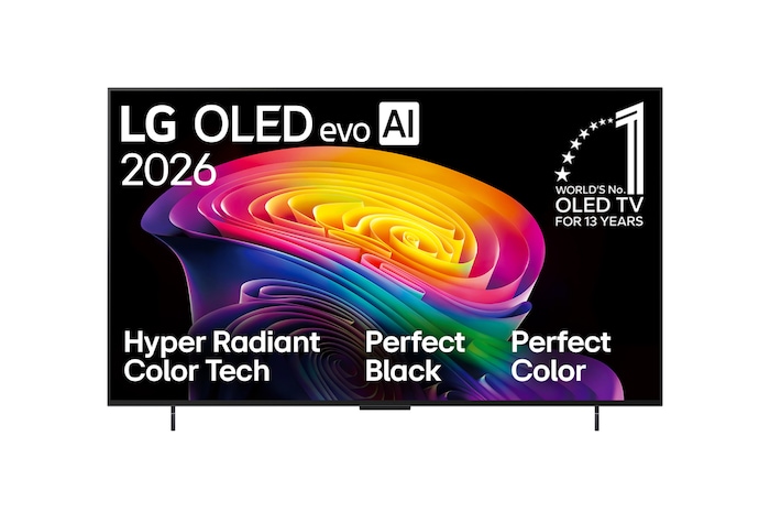 The front view of the LG OLED evo AI C6, released in 2026, displays an image of layered, multicolored forms, featuring Perfect Black & Perfect Color, along with the World’s No.1 OLED TV for 13 Years badge.