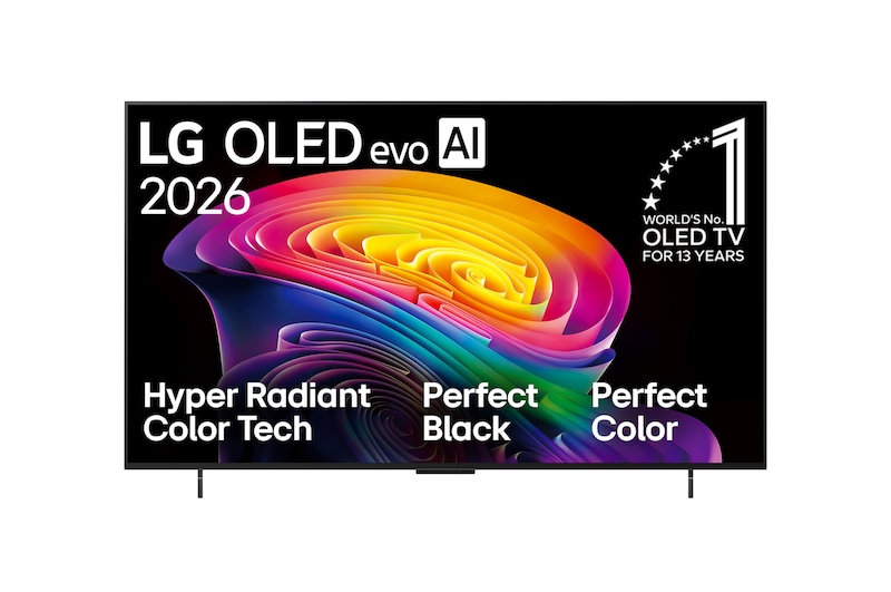 The front view of the LG OLED evo AI C6, released in 2026, displays an image of layered, multicolored forms, featuring Perfect Black & Perfect Color, along with the World’s No.1 OLED TV for 13 Years badge.