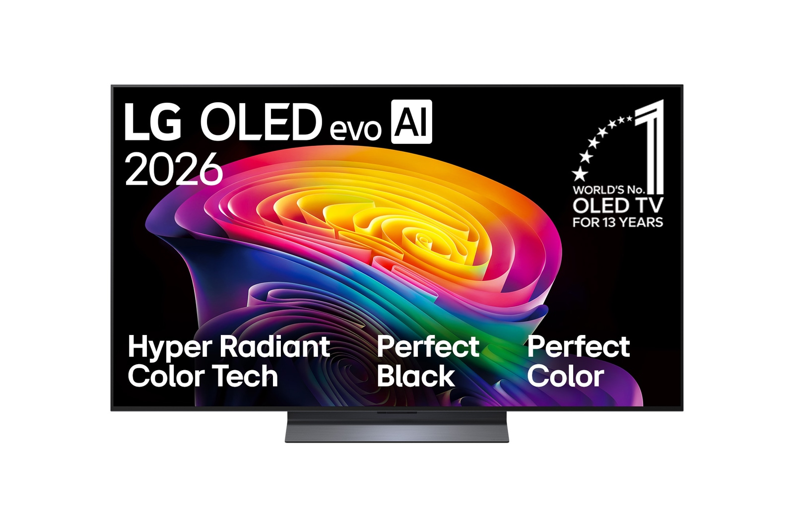 The front view of the LG OLED evo AI C6, released in 2026, displays an image of layered, multicolored forms, featuring Perfect Black & Perfect Color, along with the World’s No.1 OLED TV for 13 Years badge.