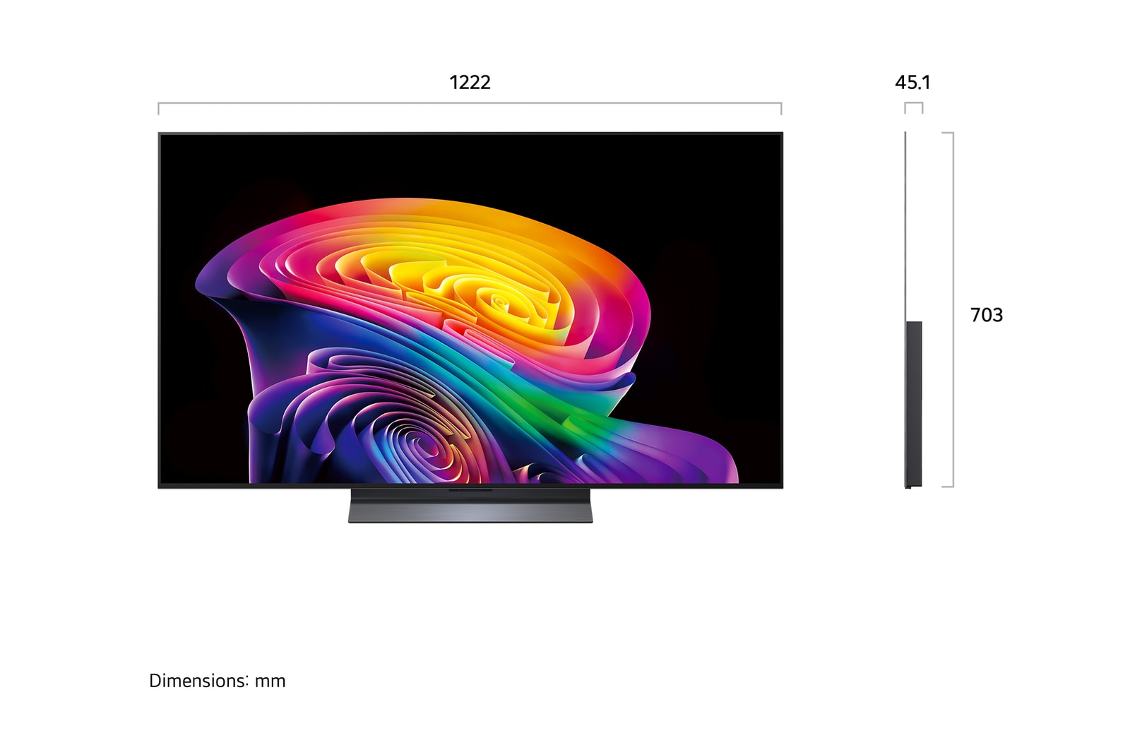 LG OLED evo AI C6 shown in front and side views highlights a 55-inch display with a 1222 mm-wide screen, an overall height of 703 mm, and an ultra-slim 45.1 mm depth without a stand.