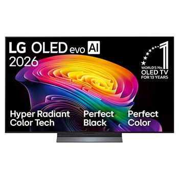 The front view of the LG OLED evo AI C6, released in 2026, displays an image of layered, multicolored forms, featuring Perfect Black & Perfect Color, along with the World’s No.1 OLED TV for 13 Years badge.