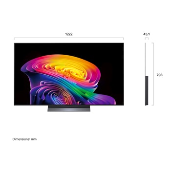 LG OLED evo AI C6 shown in front and side views highlights a 55-inch display with a 1222 mm-wide screen, an overall height of 703 mm, and an ultra-slim 45.1 mm depth without a stand.