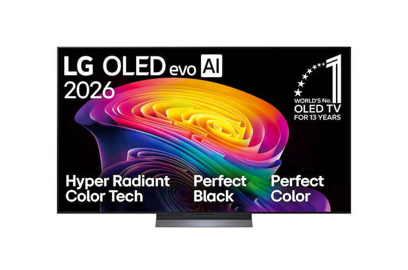 The front view of the LG OLED evo AI C6, released in 2026, displays an image of layered, multicolored forms, featuring Perfect Black & Perfect Color, along with the World’s No.1 OLED TV for 13 Years badge.