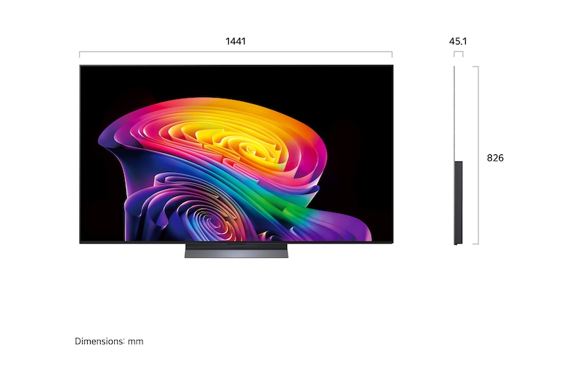 LG OLED evo AI C6 shown in front and side views highlights a 65-inch display with a 1441 mm-wide screen, an overall height of 826 mm, and an ultra-slim 45.1 mm depth without a stand.