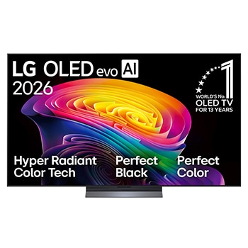 The front view of the LG OLED evo AI C6, released in 2026, displays an image of layered, multicolored forms, featuring Perfect Black & Perfect Color, along with the World’s No.1 OLED TV for 13 Years badge.