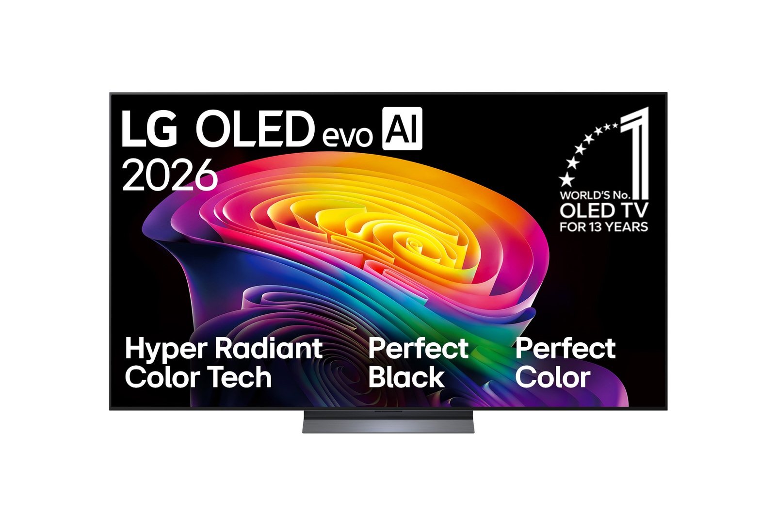 The front view of the LG OLED evo AI C6, released in 2026, displays an image of layered, multicolored forms, featuring Hyper Radiant Color Tech, Perfect Black & Perfect Color, along with the World’s No.1 OLED TV for 13 Years badge.