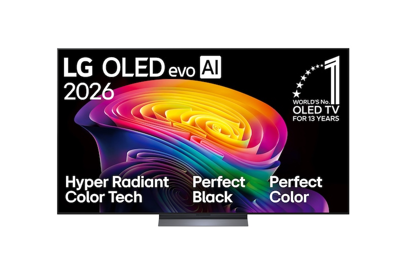 The front view of the LG OLED evo AI C6, released in 2026, displays an image of layered, multicolored forms, featuring Hyper Radiant Color Tech, Perfect Black & Perfect Color, along with the World’s No.1 OLED TV for 13 Years badge.