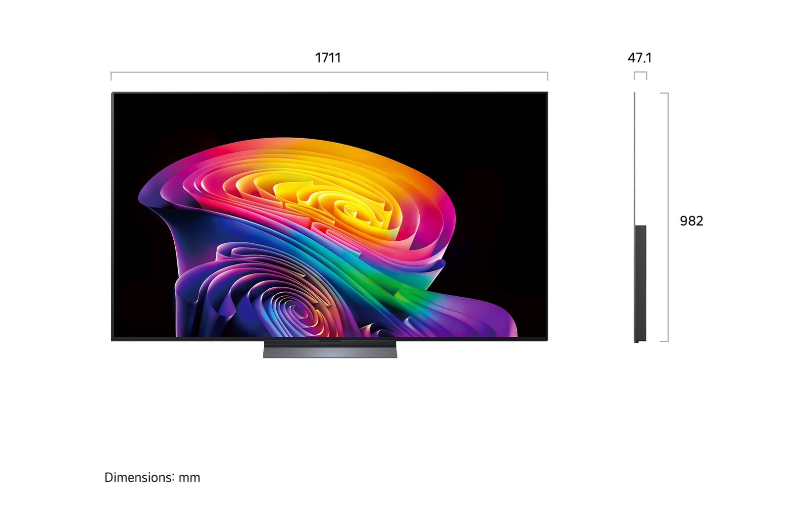 LG OLED evo AI C6 shown in front and side views highlights a 77-inch display with a 1711 mm-wide screen, an overall height of 982 mm, and an ultra-slim 47.1 mm depth without a stand.