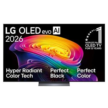 The front view of the LG OLED evo AI C6, released in 2026, displays an image of layered, multicolored forms, featuring Hyper Radiant Color Tech, Perfect Black & Perfect Color, along with the World’s No.1 OLED TV for 13 Years badge.