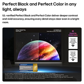 LG OLED evo AI C6 shows a split-screen planet-and-stars scene, comparing an anti-glare matte display with its Perfect Black & Perfect Color display for clearer picture quality in any light, supported by UL certification and Intertek certifications for color volume and color fidelity.